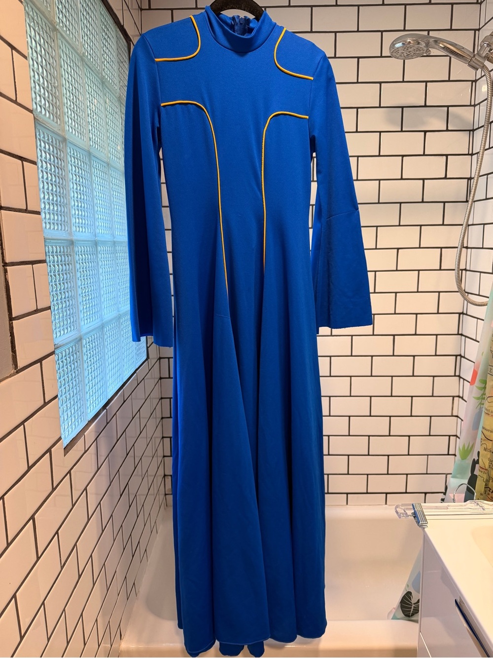 Long Sleeve Royal Blue Liturgical Dress with Yellow Cross Piping